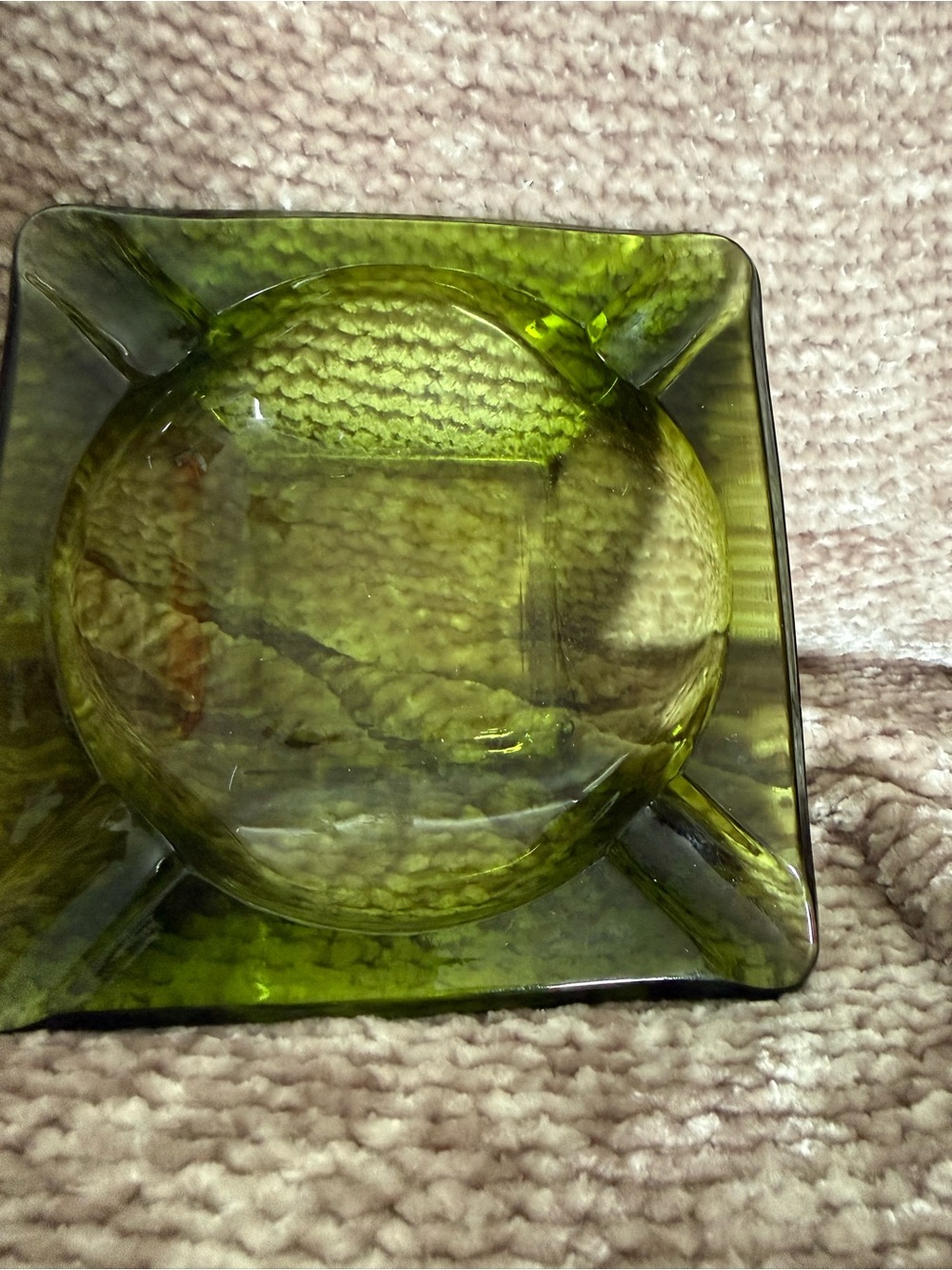 Vintage  Green Glass Ashtray  Cigar Mid Century Modern MCM 6" Square